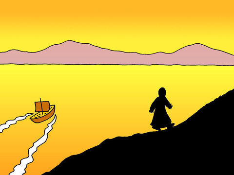 Después de alimentar a más de cinco mil personas con cinco panes y dos peces, Jesús les dijo a sus discípulos que subieran a su barca y se fueran delante de él al otro lado del lago de Galilea. Luego, Jesús subió solo a la ladera de una montaña para orar. – Número de diapositiva 1