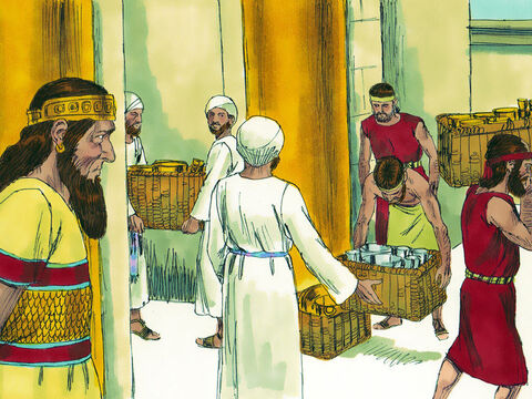 Sus vecinos fueron muy generosos y les dieron muchos regalos. El Rey Ciro les devolvió 5400 objetos valiosos de oro y plata que los babilonios habían robado del Templo y se los dio a Sheshbazzar, el líder de Judá. – Número de diapositiva 7
