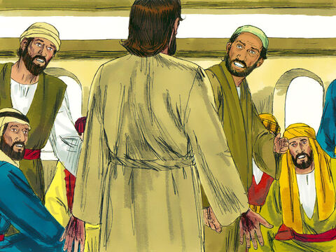 Mientras estaban hablando, Jesús mismo apareció entre ellos y dijo:<br/>–La paz sea con ustedes.<br/>Ellos pensaron que estaban viendo un fantasma y se asustaron. – Número de diapositiva 2