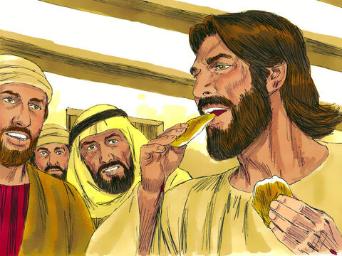 Le dieron un trozo de pescado hervido y Jesús comió mientras ellos miraban. Ahora sabían que no estaban viendo un fantasma. – Número de diapositiva 5