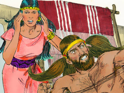 Cuando Sansón se durmió, Dalila tejió las hebras de su cabello en su telar, pero nuevamente Sansón se liberó. – Número de diapositiva 9