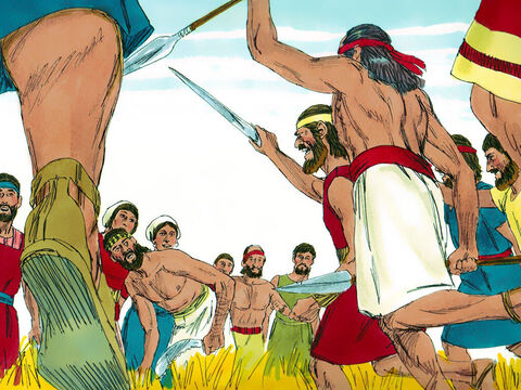Los hombres de Judá preguntaron a los filisteos.<br/>–¿Por qué nos atacan?<br/>Los filisteos respondieron:<br/>–Hemos venido a capturar a Sansón para que pague por lo que nos hizo. – Número de diapositiva 8