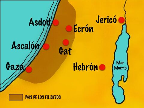Dios hizo que se volvieran súbditos de los filisteos por 40 años, los cuales vivían a lo largo de la costa sur y tenían cinco grandes ciudades: Gaza, Ascalón, Gad, Ecrón y Asdod. – Número de diapositiva 2