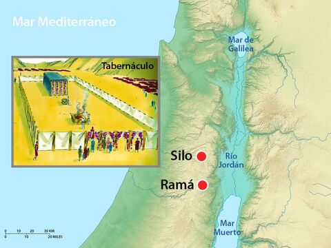 Elcaná vivía en Ramá. Todos los años, él y su familia viajaban a Silo para rendir culto a Dios en el Tabernáculo. – Número de diapositiva 3