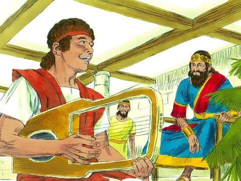 David sirvió al Rey Saúl tocando su arpa cuando el Rey se sentía atormentado por el mal. Al principio, Saúl se sintió muy complacido con él y lo eligió como su portador de armas. – Número de diapositiva 14