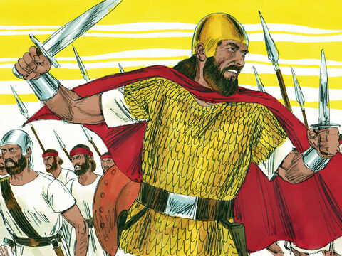 Saúl tenía 30 años cuando se convirtió en rey. Reunió un ejército para defender a los israelitas contra los atacantes filisteos. Todo hombre fuerte o valiente se agregaba a sus filas. – Número de diapositiva 1