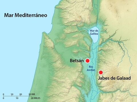 Cuando los israelitas que vivían en Jabes se enteraron de esto, algunos de sus hombres más valientes fueron a Bet Seán y se llevaron los cuerpos. – Número de diapositiva 13