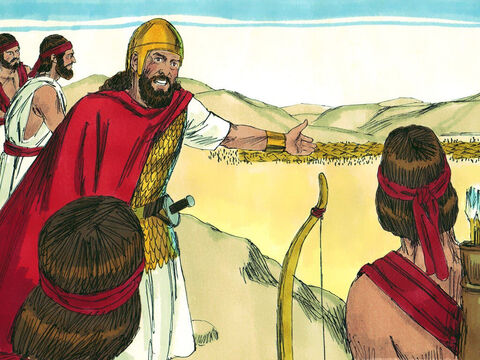 El Rey Saúl y su ejército salieron a defender su país. Acamparon en el Monte Gilboa, pero cuando Saúl vio al ejército filisteo, sintió miedo. – Número de diapositiva 3