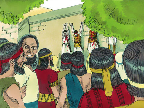 Al día siguiente, los filisteos encontraron los cuerpos de Saúl y de sus hijos. Le cortaron la cabeza a Saúl y luego clavaron su cuerpo y los cuerpos de sus hijos en la pared de la ciudad Bet Seán. – Número de diapositiva 12