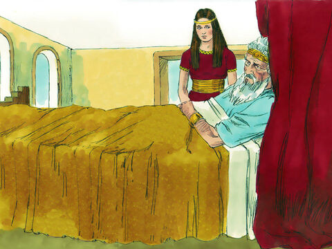 Cuando el Rey David era viejo y débil, se eligió una cuidadora llamada Abisag para cuidarlo. David tenía muchos hijos con muchas esposas, pero le prometió a Betsabé, la madre de Salomón, que su hijo lo sucedería como rey. – Número de diapositiva 1