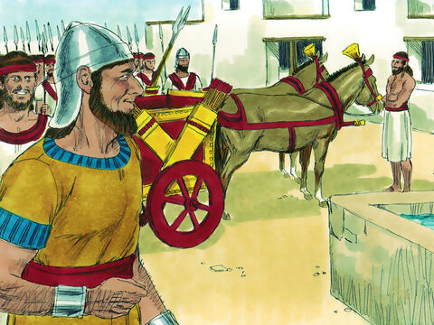 Otro de los hijos de David, Adonías, el hermano menor de Absalón, vio la oportunidad de tomar el reino. Preparó carrozas y caballos con cincuenta hombres que avanzaran delante de él. – Número de diapositiva 2