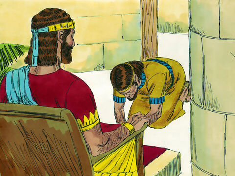 El Rey Salomón envió hombres para que bajen a Adonías del altar. Adonías se postró ante el Rey Salomón, quien le dijo:<br/>–Ve a tu casa. – Número de diapositiva 12