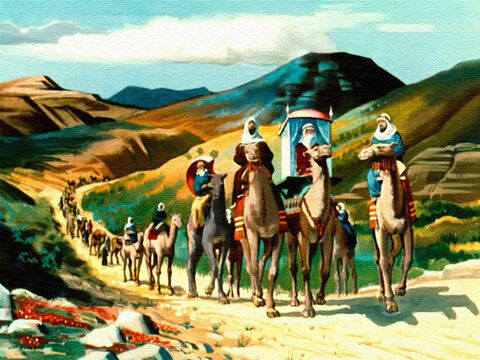 ... así que viajó mil millas a través del duro desierto, seguida de camellos que llevaban regalos para el rey: oro, especias y joyas. – Número de diapositiva 23