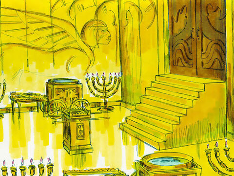 El santuario interior estaba revestido por dentro con oro puro. Los pisos de la habitación interna y externa también estaban cubiertos de oro. Se usó oro para crear el altar, la mesa del pan, los candelabros y otros muebles. – Número de diapositiva 7