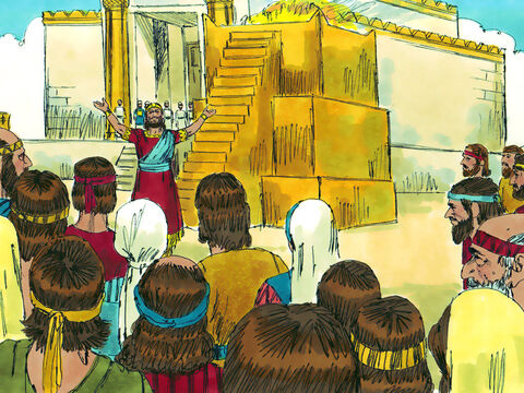 Salomón bendijo a las personas y alabó a Dios.<br/>–El Señor ha mantenido su promesa a David y yo he construido el templo para el Nombre del Señor –declaró. – Número de diapositiva 13