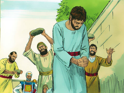 Se quitaron los abrigos y los pusieron a los pies de un hombre llamado Saulo. Luego empezaron a tirarle enormes piedras a Esteban. – Número de diapositiva 15