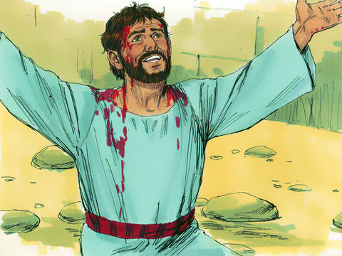 Mientras estaban apedreándolo, Esteban rezó:<br/>–Señor Jesús, recibe mi espíritu.<br/>Luego, cayó de rodillas y clamó:<br/>–Dios, no los culpes por este pecado. – Número de diapositiva 16