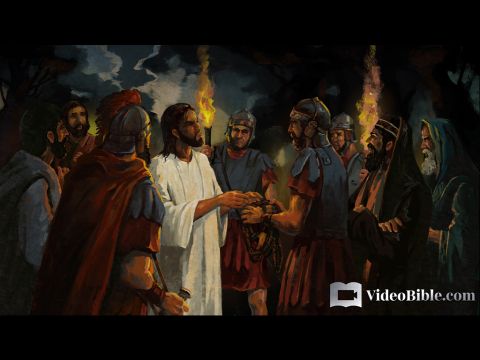 Todavía estaba hablando Jesús cuando se apareció una turba, y al frente iba uno de los doce, el que se llamaba Judas. Este se acercó a Jesús para besarlo,  pero Jesús le preguntó:<br/>—Judas, ¿con un beso traicionas al Hijo del hombre?<br/>Los discípulos que lo rodeaban, al darse cuenta de lo que pasaba, dijeron:<br/>—Señor, ¿atacamos con la espada?<br/>Y uno de ellos hirió al siervo del sumo sacerdote, cortándole la oreja derecha.<br/>—¡Déjenlos! —ordenó Jesús.<br/>Entonces tocó la oreja al hombre y lo sanó. Luego dijo a los jefes de los sacerdotes, a los capitanes del Templo y a los líderes religiosos, que habían venido a prenderlo:<br/>—¿Acaso soy un bandido para que vengan con espadas y palos? Todos los días estaba con ustedes en el Templo y no se atrevieron a ponerme las manos encima. Pero ya ha llegado la hora de ustedes, cuando reinan las tinieblas.<br/>Lucas 22:47–53 – Número de diapositiva 6