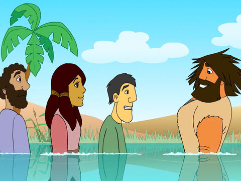 Dijeron cuánto se arrepentían de sus pecados, y él los bautizó en el río Jordán. – Número de diapositiva 7