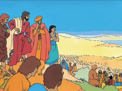 Jesús continúa predicando y sanando. Mientras tanto, se hace tarde…<br/>Jesús: “Felipe, ¿cómo va a conseguir comida toda esta gente? ¿Por qué no les das algo?” – Número de diapositiva 1