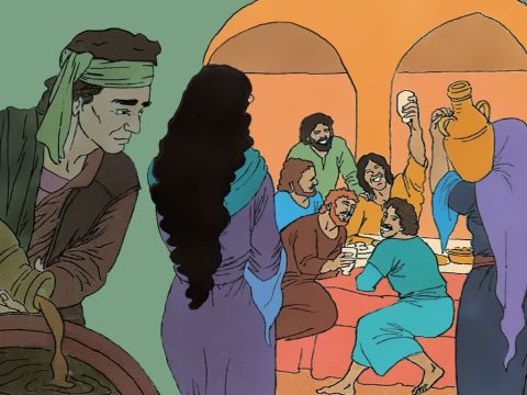 En Betania se celebra una cena y Jesús ha sido invitado. Lázaro es uno de los que están sentados a la mesa con Jesús. – Número de diapositiva 1