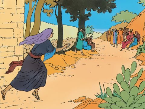 Jesús es llamado a Betania, un pueblo cerca de Jerusalén, porque Lázaro está enfermo. Él y sus hermanas, Marta y María, son amigos de Jesús. Pero Jesús se demora antes de partir. Cuando Jesús llega al pueblo, se entera de que Lázaro fue enterrado hace cuatro días.<br/>Marta corre a ver a Jesús – Número de diapositiva 1