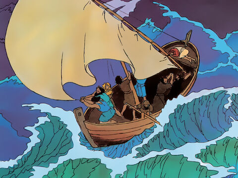 …hay una tormenta repentina y feroz. Jesús está durmiendo en la parte trasera de la barca. – Número de diapositiva 3