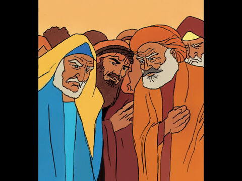 Fariseos y funcionarios religiosos: '¿Escucharon eso? ¡Cómo se atreve a decir eso!<br/>¡Se está burlando de Dios!<br/>Solo Dios puede perdonar los pecados.’ – Número de diapositiva 4