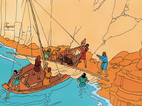 Jesús y sus discípulos cruzaron el mar de Galilea.<br/>Amarran su barco. Un grito crudo viene de las montañas... – Número de diapositiva 1