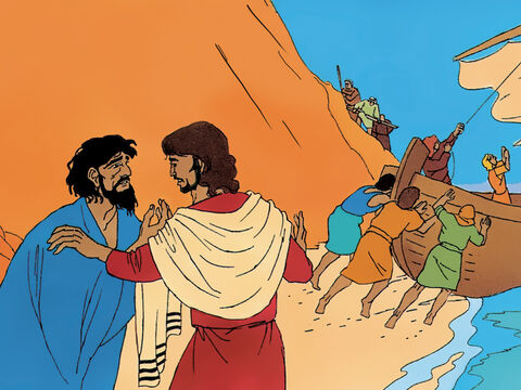 El hombre que ha sido liberado de los demonios le pregunta a Jesús: “¿Puedo ir contigo?”<br/>Jesús: “No, quédate aquí. Cuéntale a todos lo que Dios ha hecho por ti”. – Número de diapositiva 14