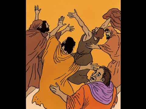 “¡Estamos bien! ¡Nuestra piel está limpia!”<br/>Nueve de los diez hombres salieron corriendo para mostrarle al sacerdote que habían sido sanados. Podrían volver a mezclarse con sus familias y amigos. – Número de diapositiva 11