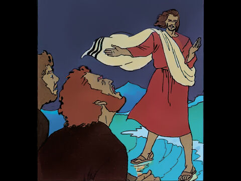 Jesús:<br/>“No tengáis miedo. ¡Soy yo!”<br/>Pedro:  “Señor si eres Tú, manda que yo vaya a ti sobre el agua”. – Número de diapositiva 4