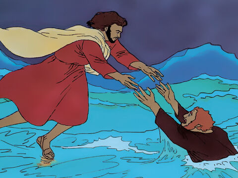 Jesús se acerca para evitar que Pedro se hunda y ambos suben a la barca. La tormenta cesa y llegan a la orilla. – Número de diapositiva 8