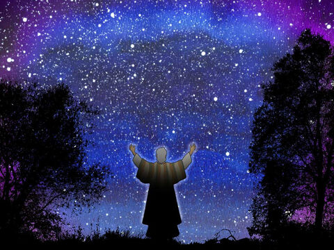 Lo llevó fuera, y le dijo: “Ahora mira al cielo y cuenta las estrellas, si te es posible contarlas”. Y le dijo: “Así será tu descendencia”. Y Abram creyó en el Señor, y Él se lo reconoció por justicia. (Génesis 15:5-6, LBLA) – Número de diapositiva 11