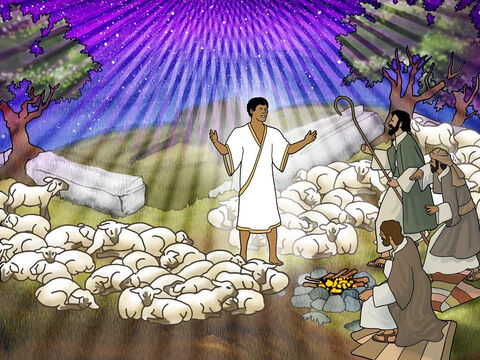 En la misma región había pastores que estaban en el campo, cuidando sus rebaños durante las vigilias de la noche. Y un ángel del Señor se les presentó, y la gloria del Señor los rodeó de resplandor, y tuvieron gran temor. (Lucas 2:8–9, LBLA) – Número de diapositiva 16