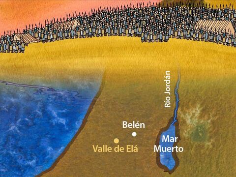 Saúl dirigió a los soldados de Israel contra su enemigo más fuerte, los filisteos. Y Saúl y los hombres de Israel se reunieron y acamparon en el valle de Ela, y se pusieron en orden de batalla para enfrentarse a los filisteos. (1 Samuel 17:2, LBLA) – Número de diapositiva 7