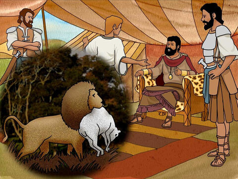 David explicó al rey Saúl cómo había matado a un león y a un oso que habían atacado el rebaño de su padre. “El Señor que me rescató de la pata del león y de la pata del oso me rescatará de la mano de este filisteo”.<br/>Saúl le dijo a David: “Ve, y que el Señor esté contigo”. – Número de diapositiva 15