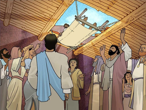 Afortunadamente, los amigos del paralítico no dejaron que eso les impidiera ayudar a su amigo a ver a Jesús. Subieron al techo de la casa y lo desmontaron para bajar al paralítico hasta Jesús. – Número de diapositiva 4