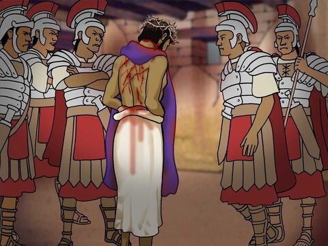 Pilato le entregó a Jesús a los soldados. Estos lo apartaron para azotarlo. Le colocaron una corona de espinas y le pusieron un manto púrpura  y le gritaban : "Salve, rey de los judíos" y le abofeteaban. (Juan 19:1-3) – Número de diapositiva 17