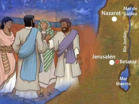 A poca distancia de Jerusalén, en una aldea llamada Betania, vivía una familia de hermanos que acogió a Jesús. Se llamaban María, Marta y Lázaro. Jesús amaba profundamente a cada uno de los miembros de esta familia. – Número de diapositiva 1
