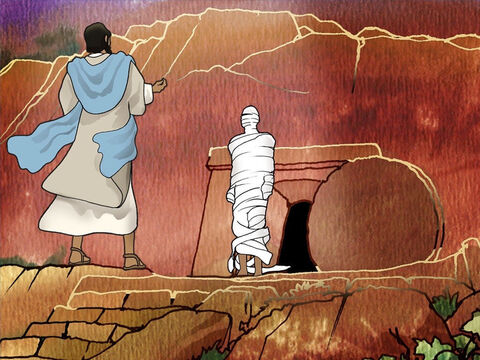 Entonces Jesús gritó: "Lázaro, sal". El hombre que había muerto salió, atado de pies y manos con vendas, y con el rostro envuelto en tela. Jesús les dijo: “Desátenlo y déjenlo ir”. – Número de diapositiva 13