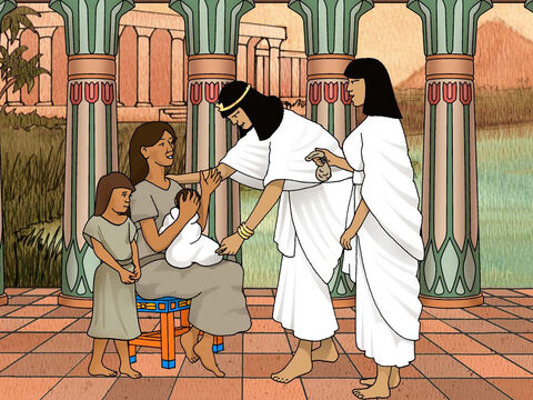 La hija del Faraón dijo a la madre del niño: "Llévate a este niño y amamántalo por mí, y te daré tu salario". La mujer tomó al niño y lo amamantó. El niño crecía, lo llevaba a la hija del Faraón y se convirtió en su hijo. Ella le puso el nombre de Moisés, y dijo: “Porque yo lo saqué del agua”. (Éxodo 2:9-10, LBLA) – Número de diapositiva 6