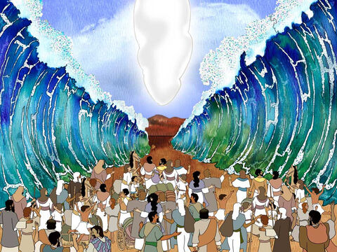 ... el Señor, por medio de un fuerte viento solano que sopló toda la noche, hizo que el mar retrocediera; y cambió el mar en tierra seca, y fueron divididas las aguas. Y los hijos de Israel entraron por en medio del mar, en seco, y las aguas les eran como un muro a su derecha y a su izquierda.  (Éxodo 14:21b-22) – Número de diapositiva 4