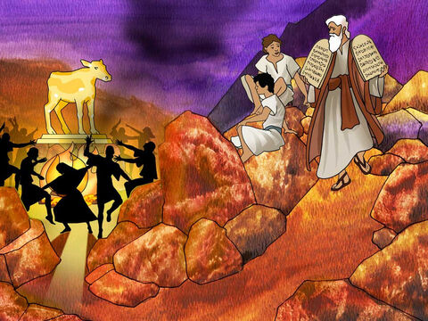 Y sucedió que tan pronto como Moisés se acercó al campamento, vio el becerro y las danzas; y se encendió la ira de Moisés, y arrojó las tablas de sus manos, y las hizo pedazos al pie del monte. Y tomando el becerro que habían hecho, lo quemó en el fuego, lo molió hasta reducirlo a polvo y lo esparció sobre el agua, e hizo que los hijos de Israel la bebieran. (Éxodo 32:19-20, LBLA) – Número de diapositiva 11
