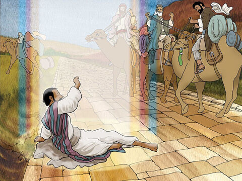 De repente, Dios detuvo a Saulo durante su viaje y le dijo: “Saulo, Saulo, ¿por qué me persigues?” Saulo se quedó impactado y ciego. Tuvo que ser conducido como un ciego a Damasco. (Hechos 9:3-7). – Número de diapositiva 2