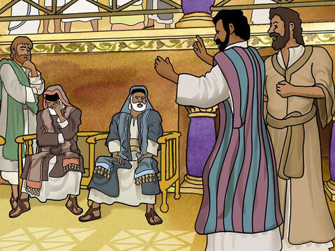 Pablo y Bernabé compartieron las buenas noticias de Jesús en la sinagoga judía. La gente les rogó que volvieran el siguiente día de reposo y les contaran más. – Número de diapositiva 19