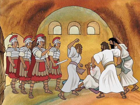 La multitud arrastró a Pablo fuera del templo y procedió a intentar matarlo. Esto fue reportado a la compañía romana. Muchos en Jerusalén se molestaron. Los soldados corrieron rápidamente a rescatar a Pablo y llevárselo. (Hechos 21:30-32) – Número de diapositiva 5