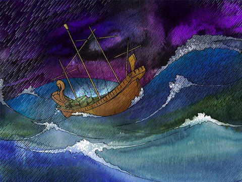 Durante la tormenta, Pablo animó a los hombres del barco contándoles sobre la visita del ángel. Los animó a comer y a no rendirse. También los animó hablándoles del Señor Jesucristo. – Número de diapositiva 6