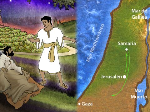 “Un ángel del Señor habló a Felipe diciendo: «Levántate y ve hacia el sur por el camino que desciende de Jerusalén a Gaza, el cual es desierto»”.<br/>Hechos 8:26<br/>(RVA) – Número de diapositiva 9