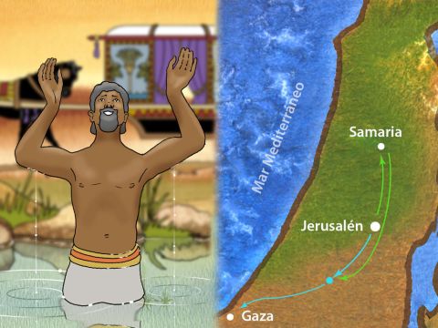 “Cuando subieron del agua, el Espíritu del Señor arrebató a Felipe. Y el eunuco no le vio más, pues seguía su camino gozoso”.<br/>Hechos 8:39<br/>(RVA) – Número de diapositiva 16